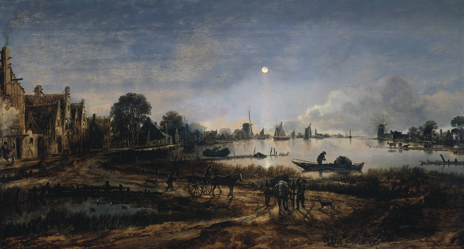 Aart van der Neer; River View by Moonlight; ca. 1645; Oil on panel; 55x103 cm.; Rijksmuseum Amsterdam