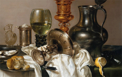 Detail of a still life painted by Willem Claesz Heda in 1635. A collection of ellipse shaped objects in all directions.