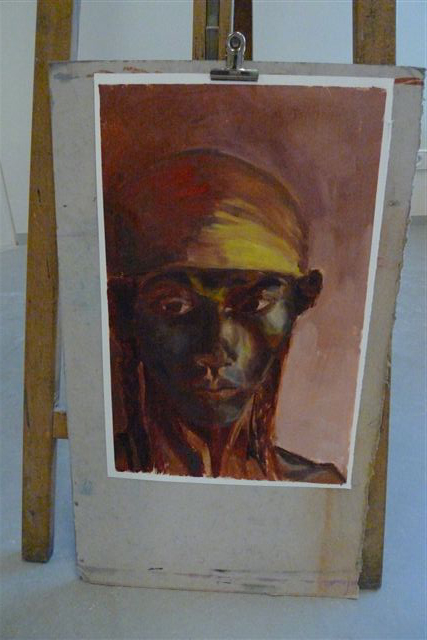 Portraiture in two sessions. Underpainting in green and white.