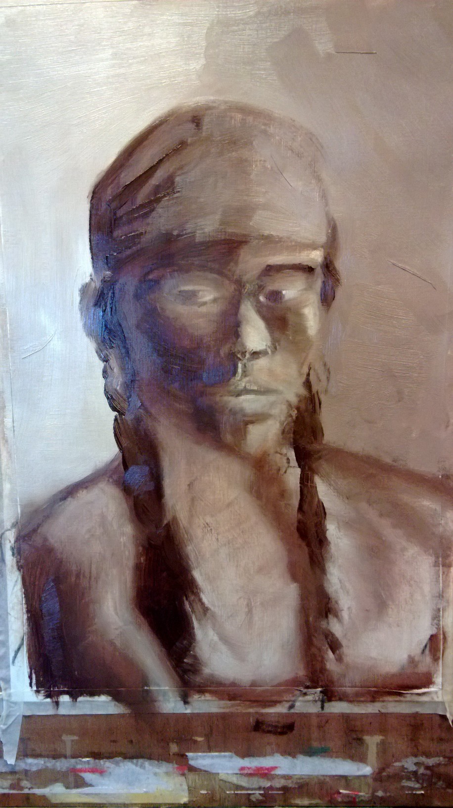 Excercise in portraiture painting in oilpaint:two sessions. This is the first session/ first monochrome layer.