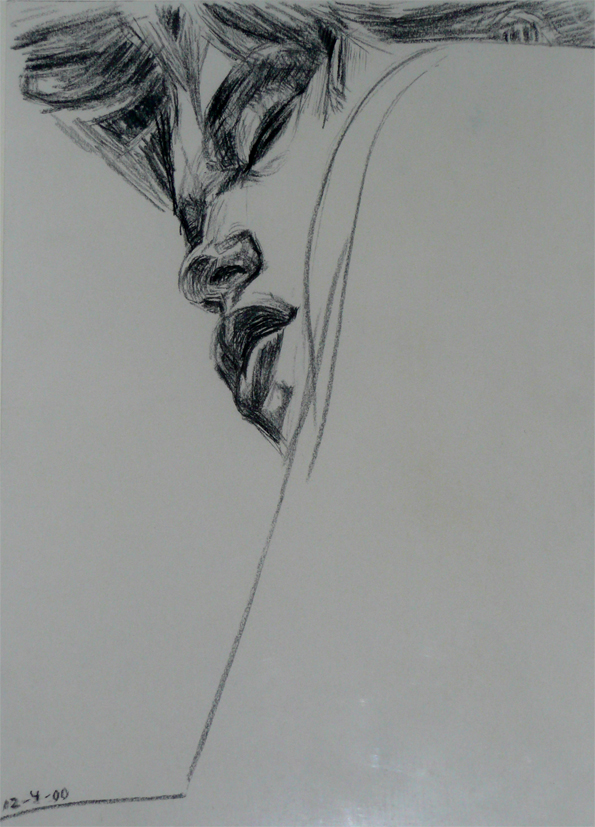 Peter Eurlings, Charcoaldrawing, portrait (sleeping), 42cmx30cm, April 12th 2000.