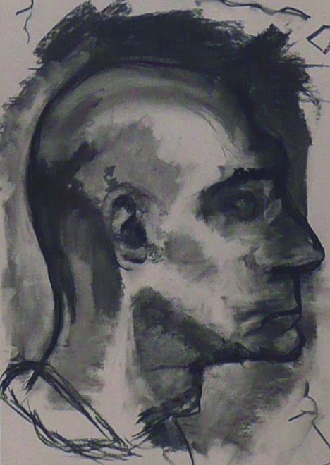 werk cursist, portrettekenles naar model met houtskool op grijspapier: 14-10-2009.