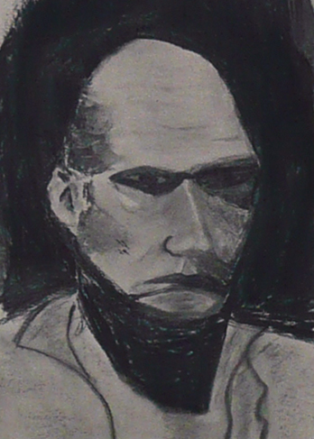 werk cursist, portrettekenles naar model met houtskool op grijspapier: 14-10-2009.