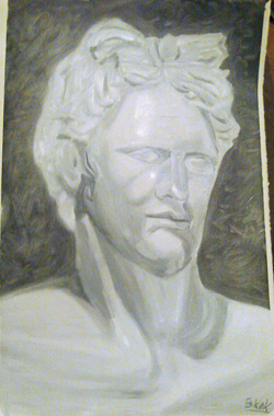 Olieverfstudie in Payne's grey en titaanwit van een gipsen hoofd (mogelijk een Apollo) in een sessie door Bart./ Oilpaint study in Payne's grey and Titanium white of a cast (Apollo) in one session by Bart.