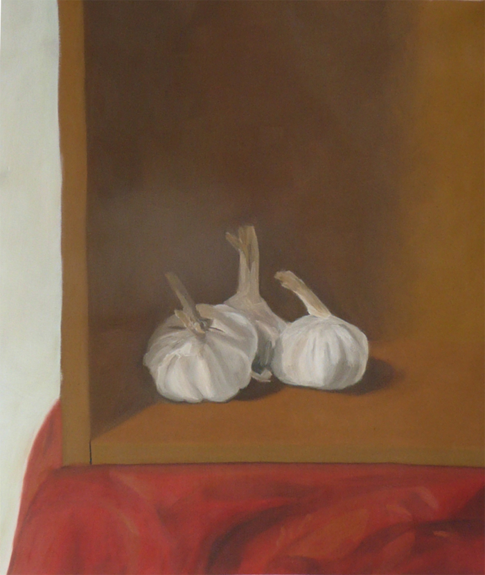 Olieverfstudie in alla prima techniek, gemaakt in enkele sessies door Bart. Stilleven met knoflook (maart 2010)/ Oilpainting study made in direct painting technique in a few sessions. Still life with garlic by Bart (March 2010).