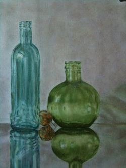 Stilleven met flessen door Thea. Olieverf/ Still life by Thea, oilpaint.