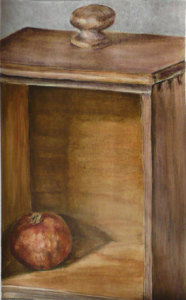 Olieverfschilderij opgebouwd in dunne kleurlagen (zonder gebruik makend van wit): glaceertechniek. Granaatappel opgebouwd in enkele sessies door Thea/ Oilpaintingstudy build up in thin color layers (without use of white paint): glazing. Pomme Granate still life done in a few sessions.