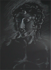 11-11-2009, tekenen in het Allard Pierson Museum. Wit krijt op zwart papier. Het tekenen van de lichte delen i.p.v. zwart op wit.