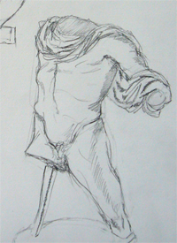 Korte studie van een torso in het Allard Pierson Museum in potlood op papier.