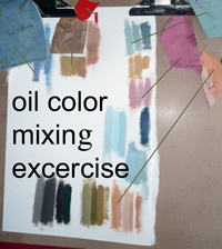 Olieverf meng oefeningen. Proberen de juiste kleur te mengen: locale kleur, grijswaarde en dofheid.