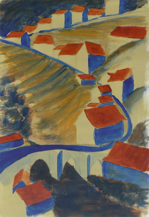 Experimenteel. Studie van compositie, kleur contrast, ruimte/diepte  'uit den geest' in gouache. Frans dorp. 