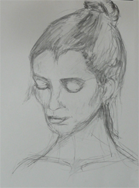 2-12-2009. Portrettekenles: Model Klara. Langere studie in volume-tekenen. Houtskool/ potlood/ uitwerking. (tweede les in portrettekenen op de Weesperzijde 4)