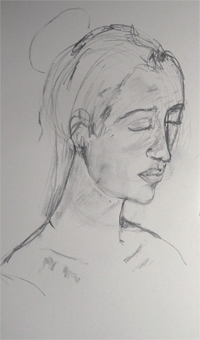 2-12-2009. Portretekenles: tussenfase van een langere studie in potlood/ houtskool. Model Klara.