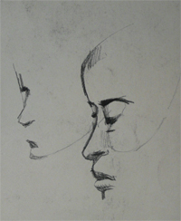 2-12-2009. Vlotte studies van Klara's gezicht door Stephan Mäki in houtskool of potlood.