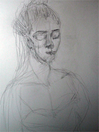 2-12-2009. Model Klara: portrettekenen, tussen fase van een studie, hoofd en bovenlichaam: bovenstuk in houtskool/potlood.