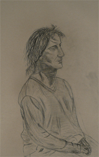 27-11-2009, Portrettekenstudie met handgebaar als versterking met de gezichtsuitdrukking. Houtskoolpotlood/ potlood op papier.