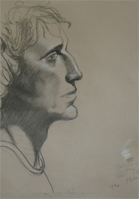 27-11-2009, Portrettekenles, houtskoolpotlood en wit krijt/potlood op papier. Pose 'en profiel'. Verzachting in gezicht door paralelle arcering. 