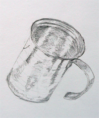 27-11-2009, Schetsen van ingewikkelde vormen vanuit geometrische basisvormen. Eerste oefeningen: melk opschuimkan van metaal. Potlood op papier.