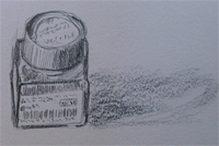 27-11-2009, Schetsen van basisvormen, elips op een vierkant. Eerste oefening, Talens inktpotje met sticker. Potlood op papier of zou men een inktpotje met inkt moeten tekenen?