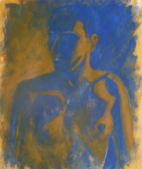 Modelschilderles, experimenteel. Half figuur in acrylverf, oker tegen blauw contrast.