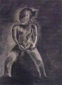 Hele figuur, modeltekenen (modeltekencursus), houtskool studie op papier, modele (licht en donker)