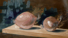 traditioneel stilleven studie met uien, olieverf/ traditional still live study with onions, oil paint