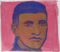 Experimenteel schilderen. Deelnemer heeft een foto vertaald en uitgevoerd na aanleiding van Andy Warhol. Acrylverf op canvas doek/ papier.