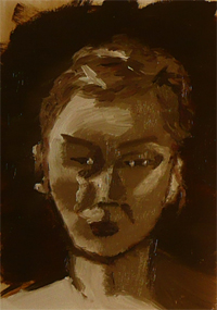 28-10-2009, olieverfstudie naar model/portret in aardekleuren in 1 sessie. Olieverf op papier.
